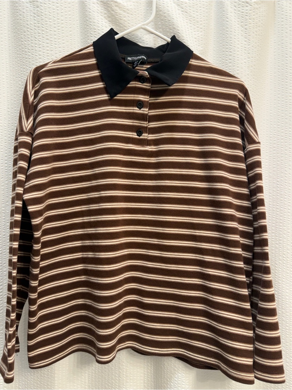 PrettyLittleThing Brown & Cream Striped Long Sleeve Polo with Black Collar